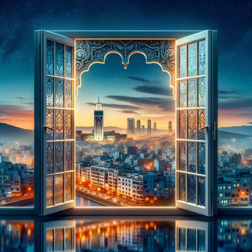 Cityscape at sunset viewed through an ornate open PVC double-glazed window in Morocco.