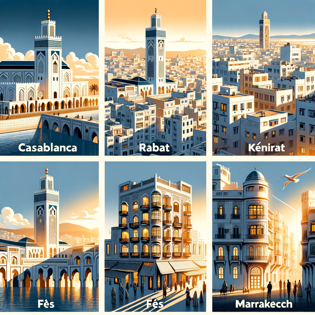 Illustrations of iconic cityscapes from Casablanca, Rabat, Kénitra, Fès, and Marrakech highlighting PVC double glazing window