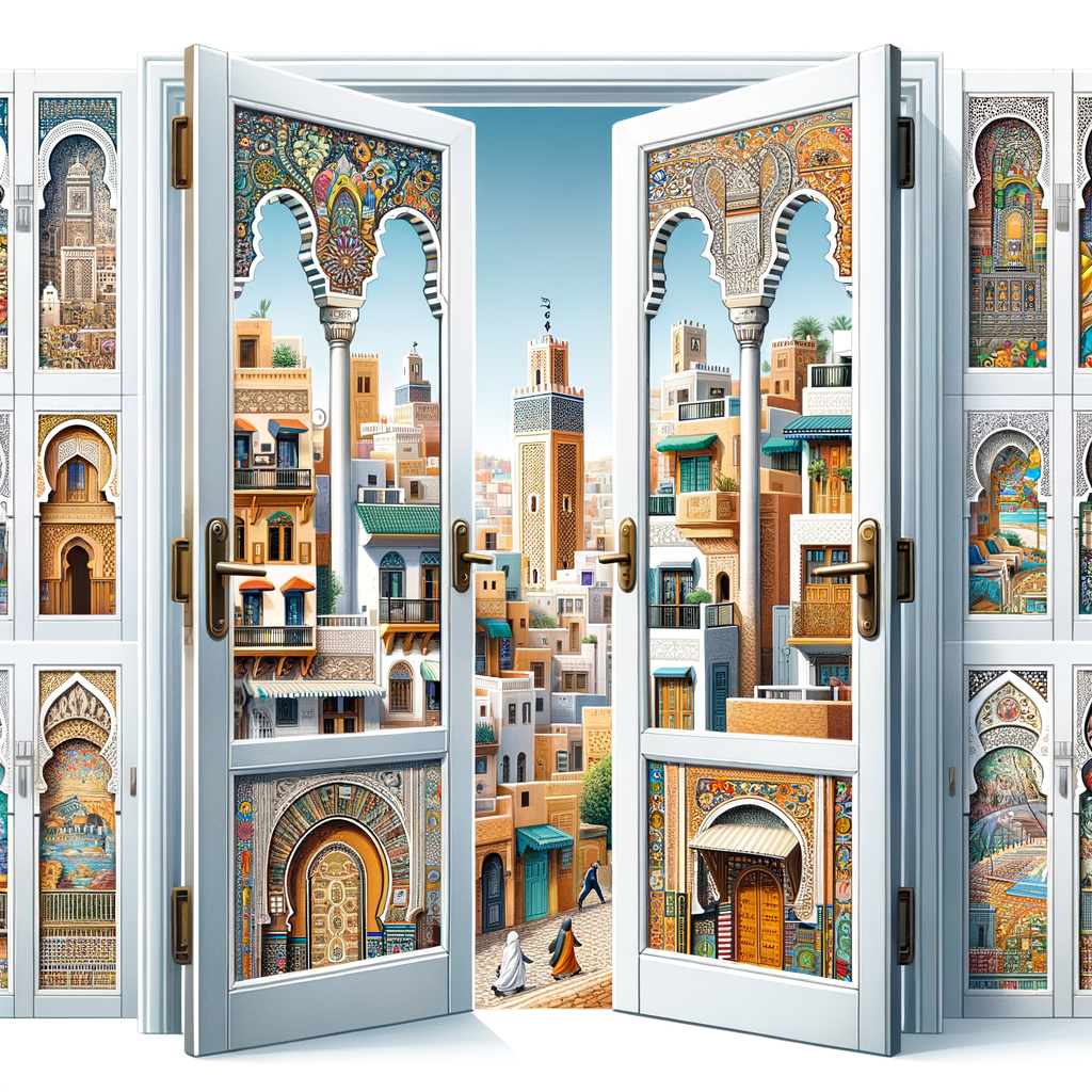 Intricately designed PVC double glazed doors open, showing a vibrant traditional Moroccan cityscape at sunset.