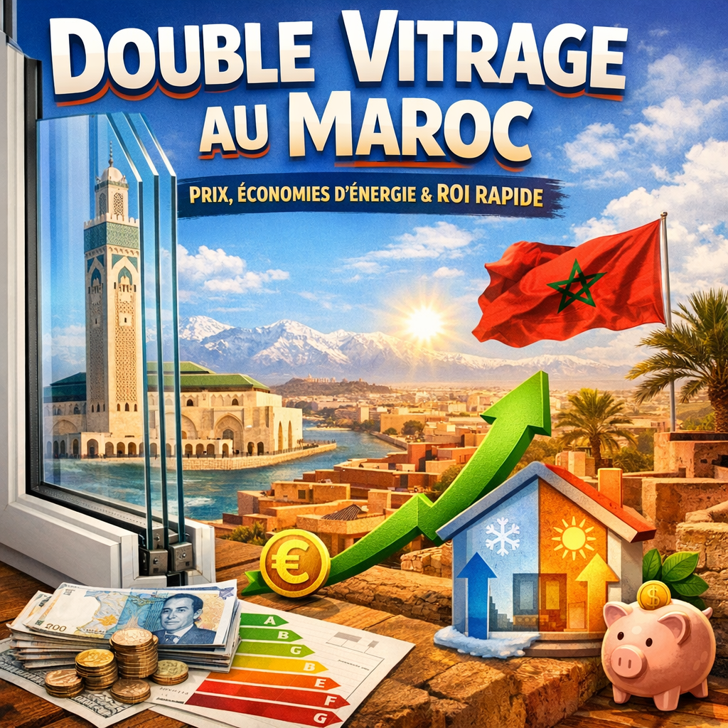 Maison moderne avec fenêtres à double vitrage sous un ciel bleu, illustrant économies d'énergie au Maroc.