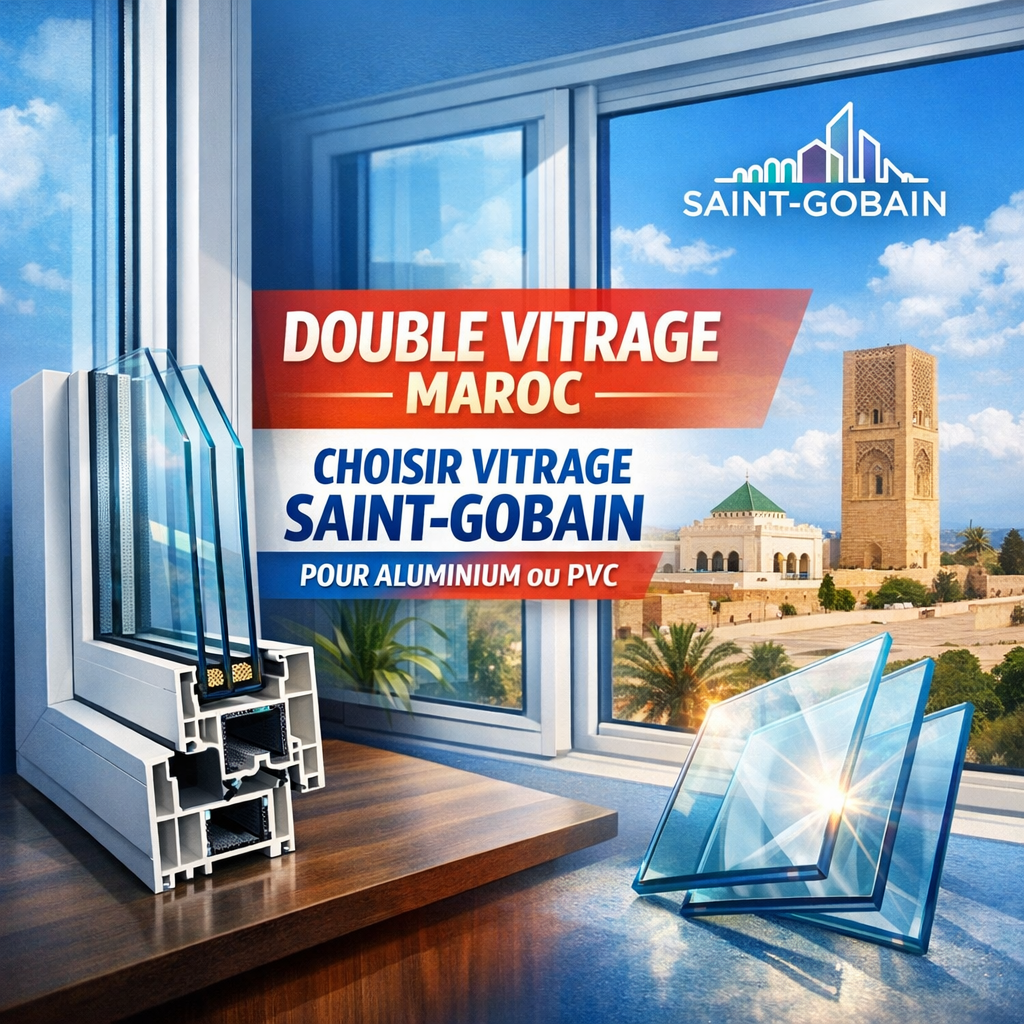 Diagram showing double glazing options by Vitrage Saint-Gobain Maroc for aluminum and PVC windows with thermal insulation.