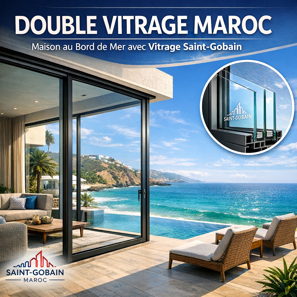 Modern Moroccan seaside house with Saint-Gobain double glazing windows overlooking the ocean, showcasing durability and comfo