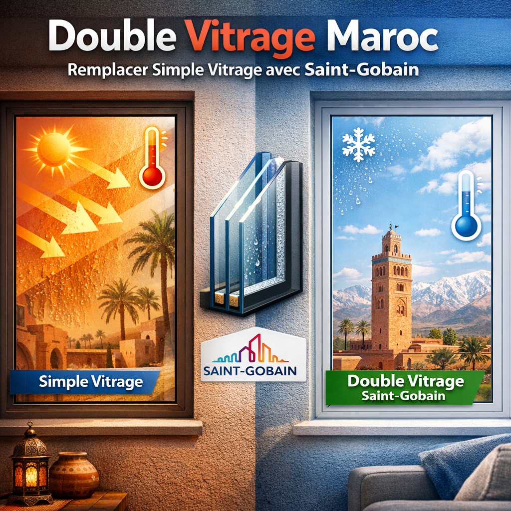 Comparison of simple glazing and Saint-Gobain double glazing windows showing energy efficiency improvements in Morocco.