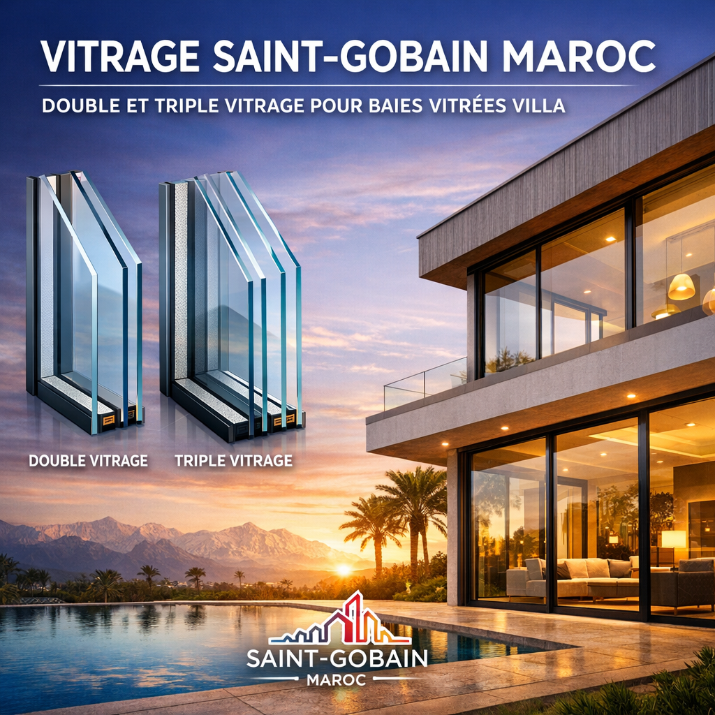 Modern villa with large glazed windows showcasing Saint-Gobain Maroc's double and triple glazing solutions.
